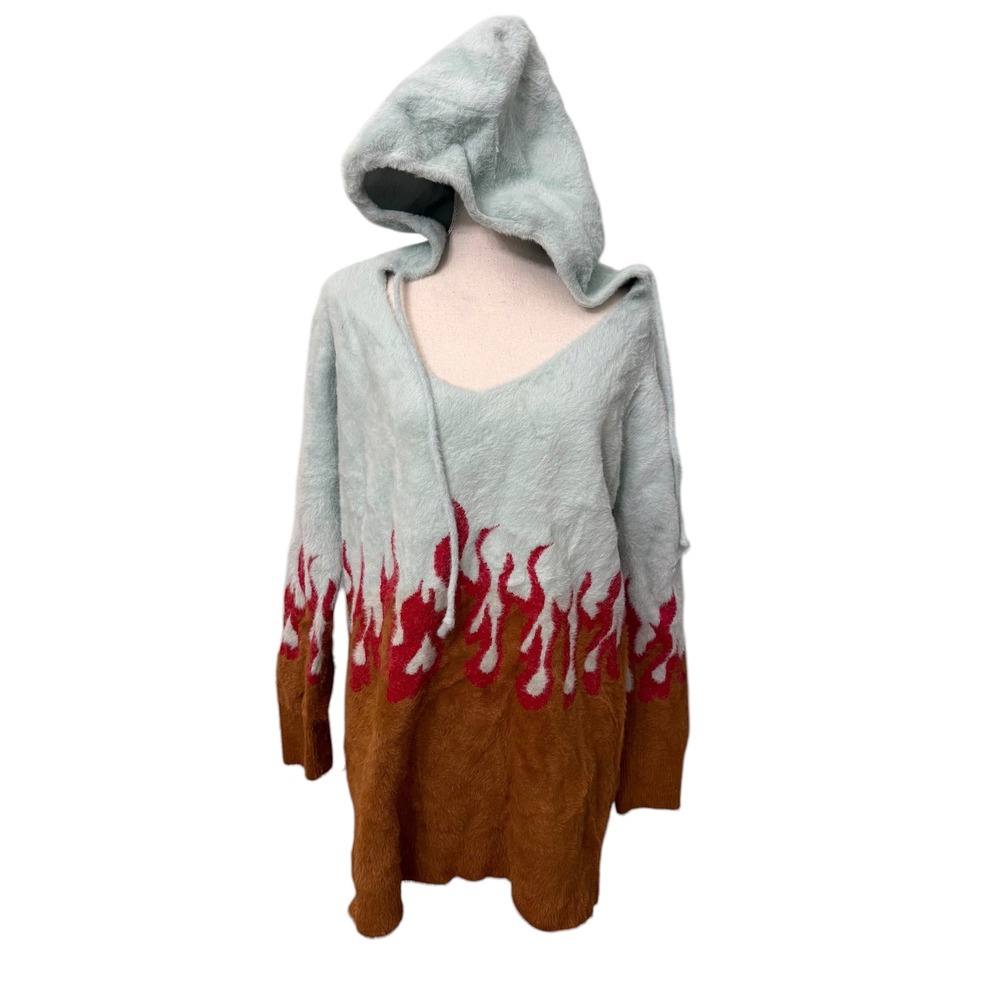 For Love & Lemons Flame Knit Oversized Hoodie Light Blue Brown XL